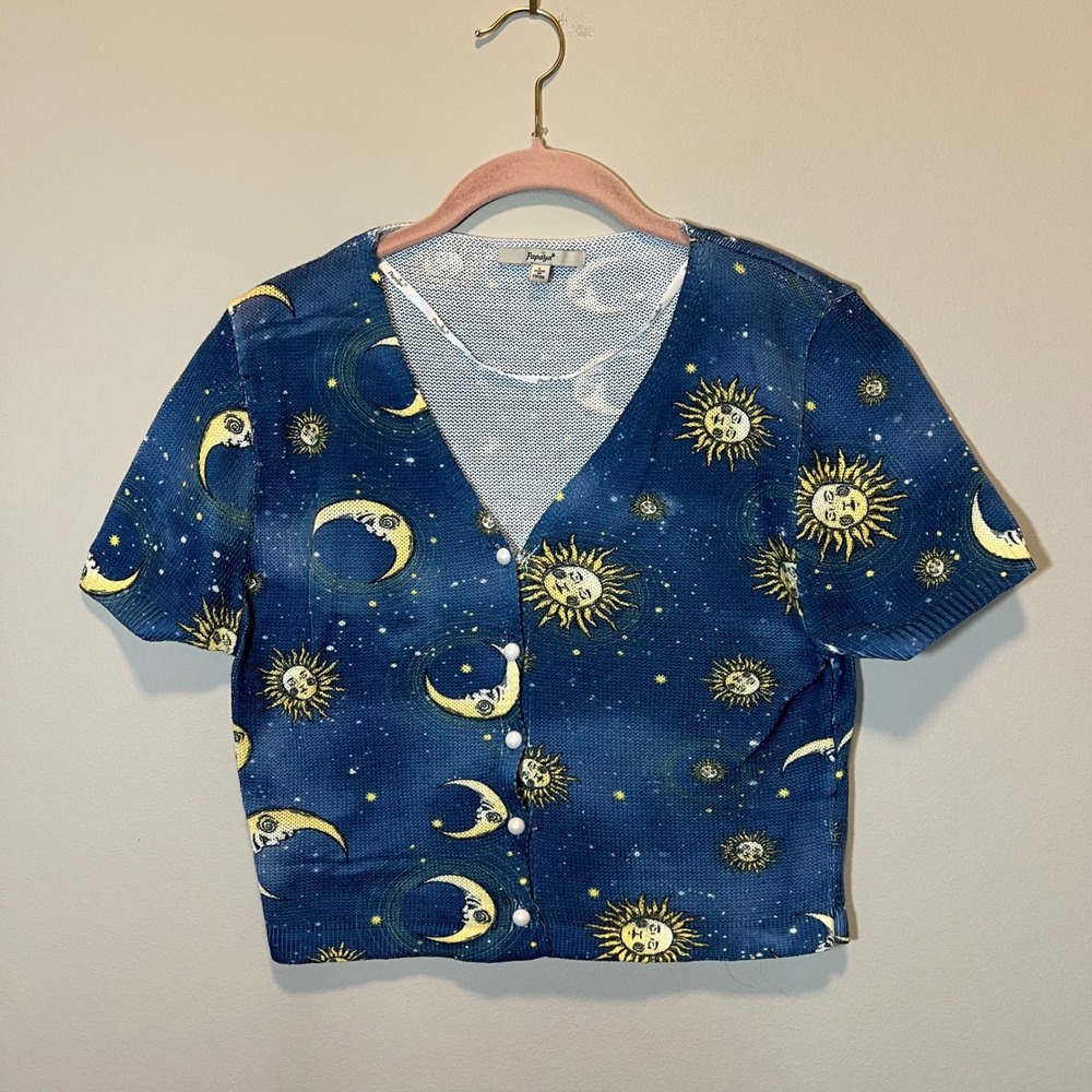 Papaya Celestial Sun Moon Star Print Short Sleeve Cropped Cardigan Top Blue L